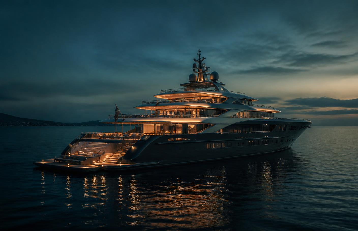 Yacht lit at dusk on open water, available as a GreenRose shoot location